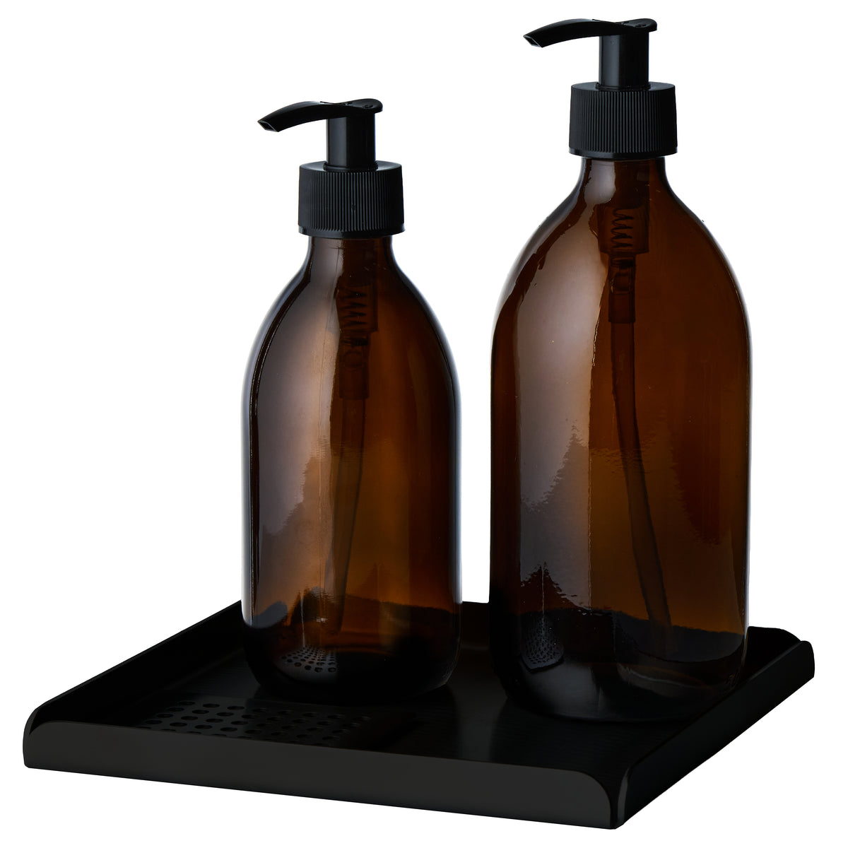 Håndlavet sort bakke i pulverlakeret stål med to brune sæbedispensere. Stilrent design fra Djursland til køkkenvasken.