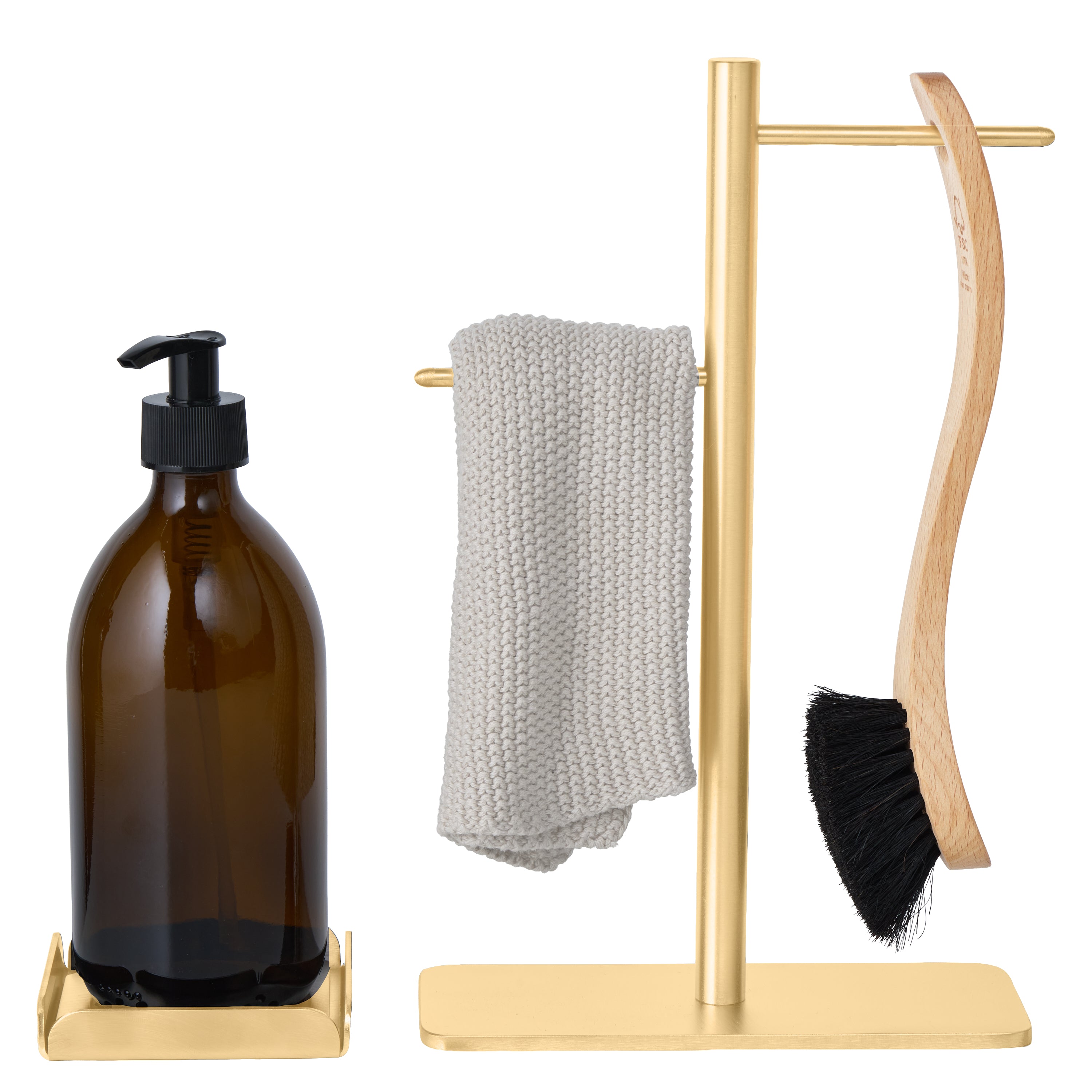 Lille bakke i lakeret messing, håndlavet på Djursland med sæbedispenser og BørsteBuddy i et stilrent, holdbart design.