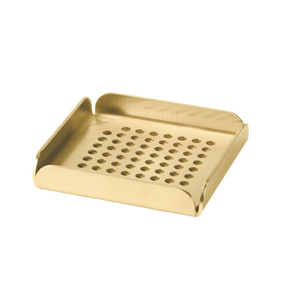 Lille, håndlavet bakke i ubehandlet messing med drænhuller, designet til køkkenvasken med en elegant og solid finish.