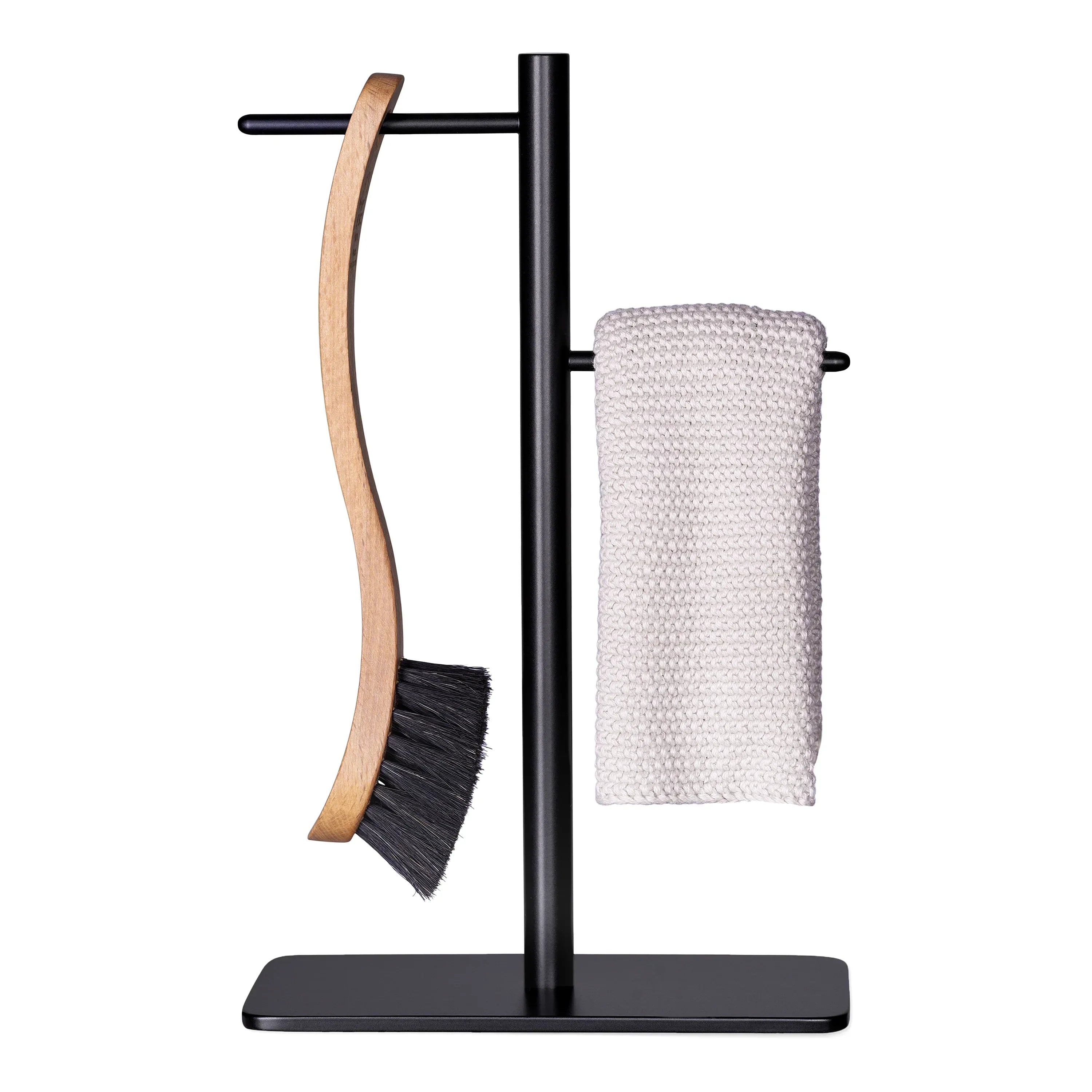 Håndlavet BørsteBuddy i mat sort pulverlakeret stål til opvaskebørste og klud. Stilrent dansk design fra Djursland.