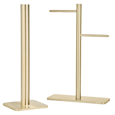Håndlavet køkkensæt i lakeret messing fra Djursland. Elegant holder til køkkenrulle og opvaskebørste med gylden finish.