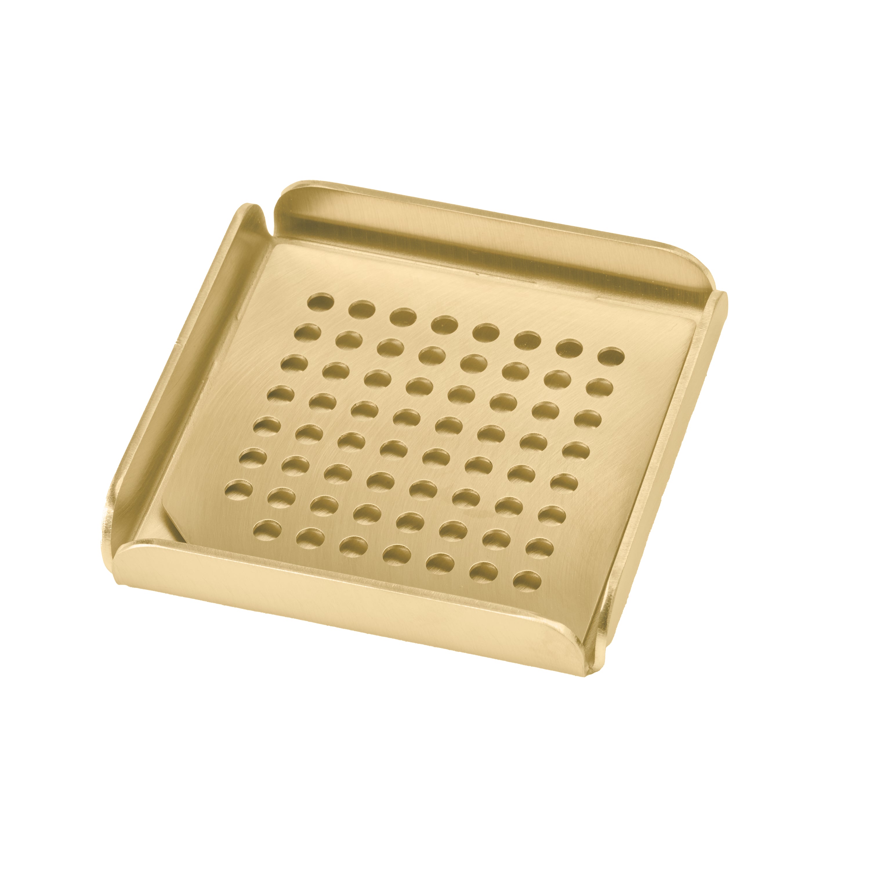 Håndlavet dryprist i lakeret messing (8x8 cm) med huller til optimal luftcirkulation og hygiejnisk tørring af køkkensvampen.